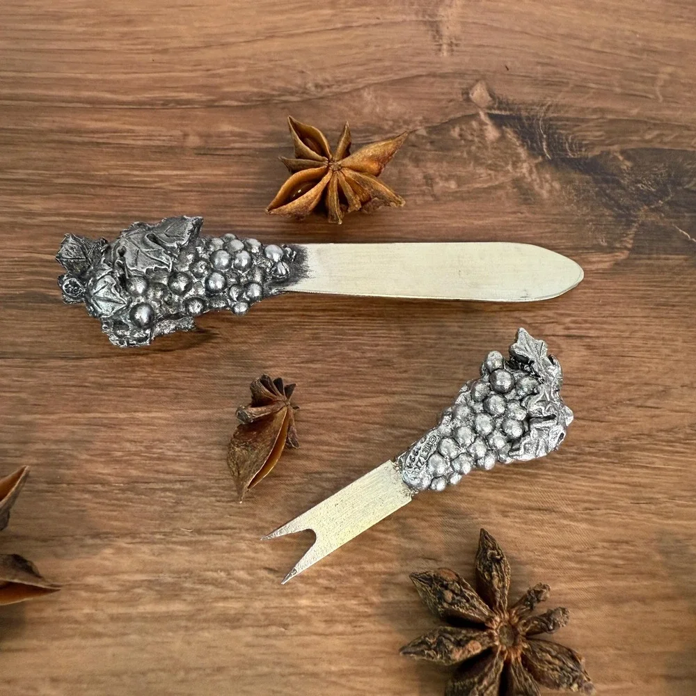 Vintage Metzke Pewter Cheese Spreader and Fork Set, Grape Motif